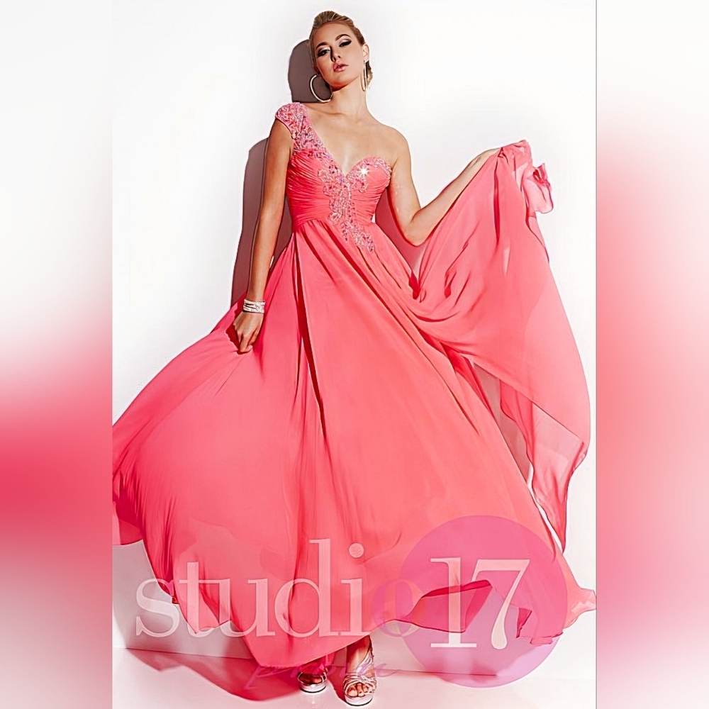 Studio 17 Shocking Pink One Shoulder Paisley Beaded Gown